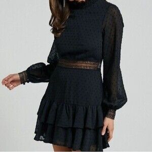 SHOWPO Kiss Me Whimsygoth Swiss Dot Lace Waist Balloon Sleeve Mock Neck Dress-6